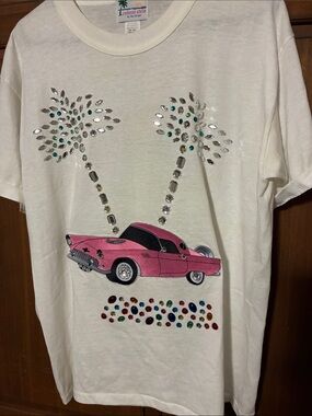 Celeste White Tee with Pink Vintage Car & Multicolor Gem Accents